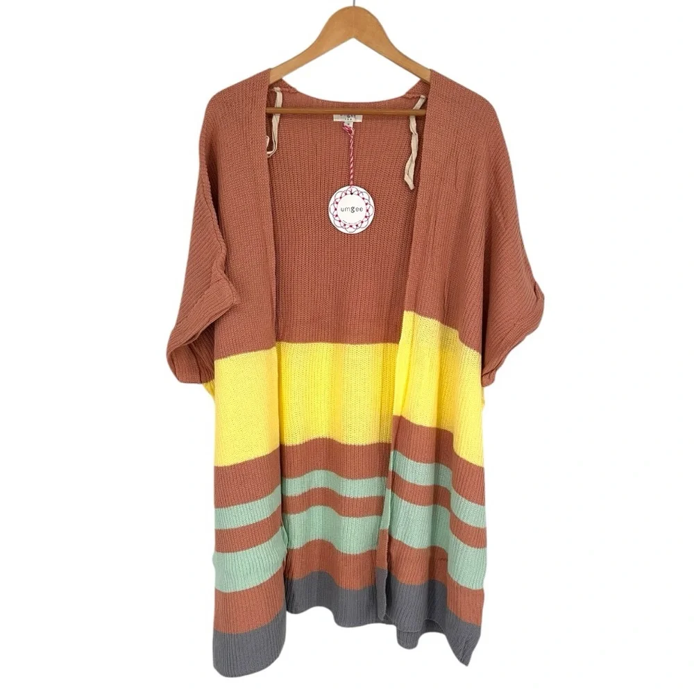 Umgee Color Block Open Front Longline Cardigan size Medium NWT Tan Yellow